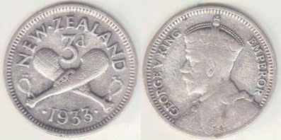 1933 New Zealand silver Threepence A005447